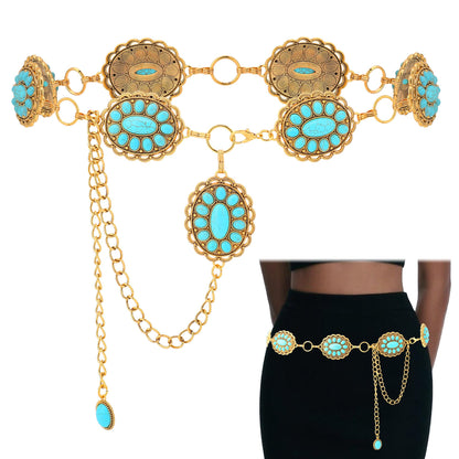HOTWestern Turquoise Belt for Women Boho Cowgirl Concho Metal Belt for Country Concert Outfit Vintage Jewelry