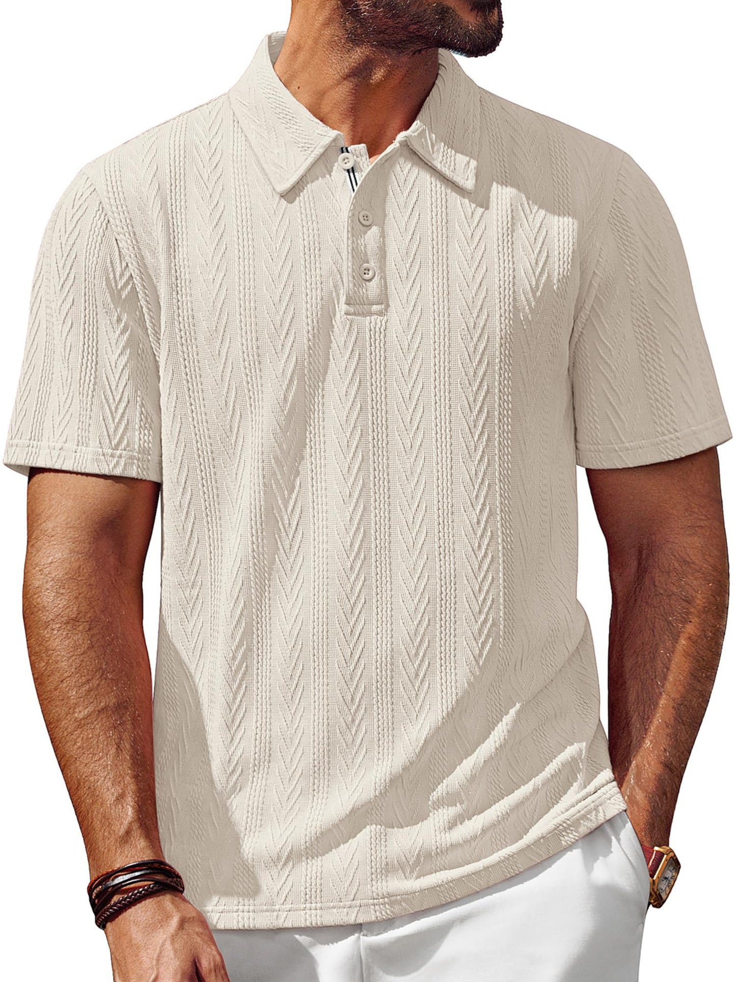 HOTPJ PAUL JONES Mens Polo Shirts Short Sleeve Knit Polo | Textured Knit Polo Shirt, Contrast Striped Placket, Golf Collared, Regular Fit, Stretchy, Wrinkle-free, Breathable, Old Money