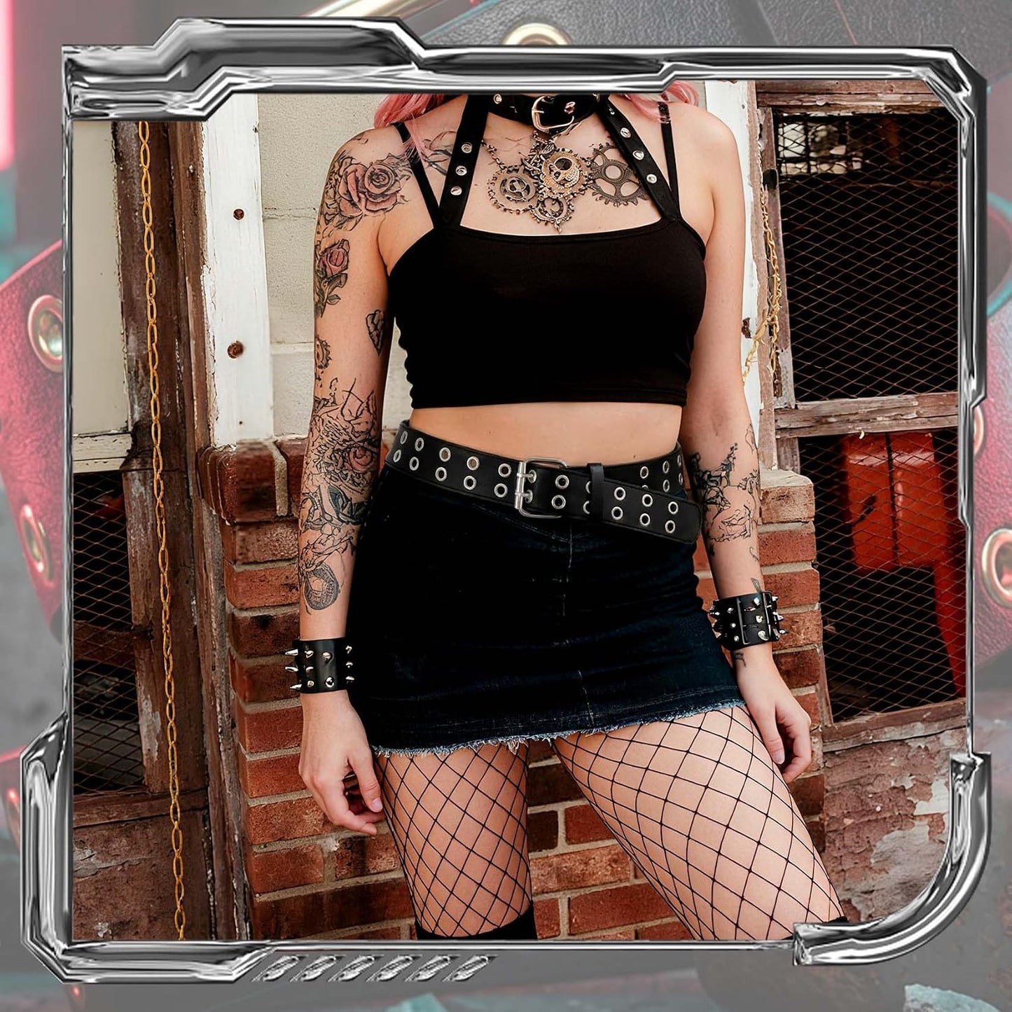 HOTXZQTIVE Double Grommet PU Leather Belt for Women Men Punk metal Jean Belt Wide 1.5 Inch