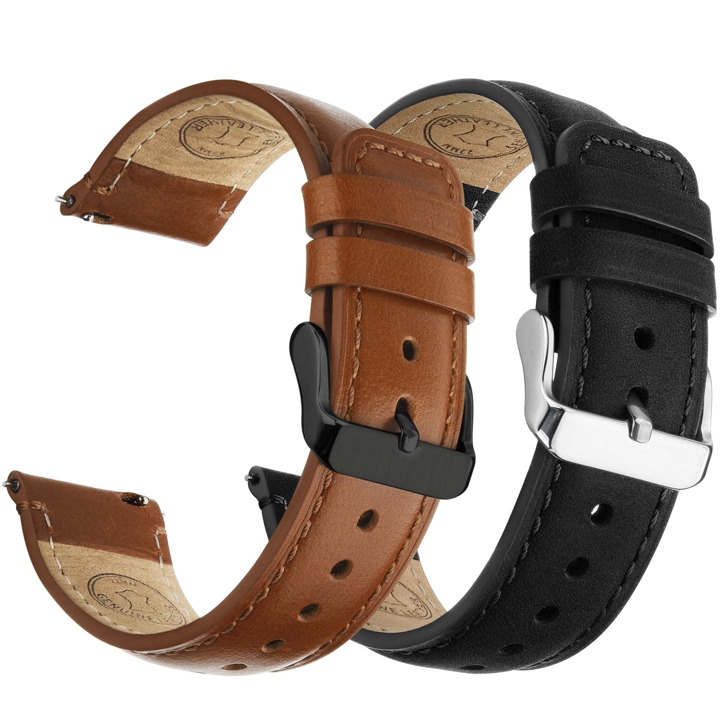 HOTFullmosa 20mm Quick Release Leather Watch Bands for Garmin Samsung Galaxy | 2 Pack Straps for Vivoactive 6/5, Venu Sq/Sq 2, Samsung Galaxy 7/6/5, Gear S2 Classic, Saddle Brown+Silver/Black+Silver