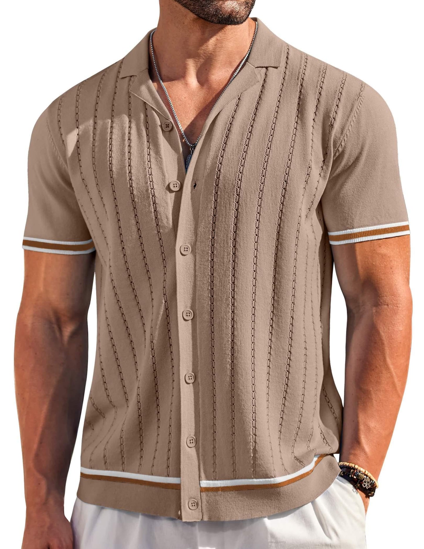 HOTCOOFANDY Men's Short Sleeve Knit Shirt Casual Button Down Shirt Vintage Striped Knitted Golf Beach Tops