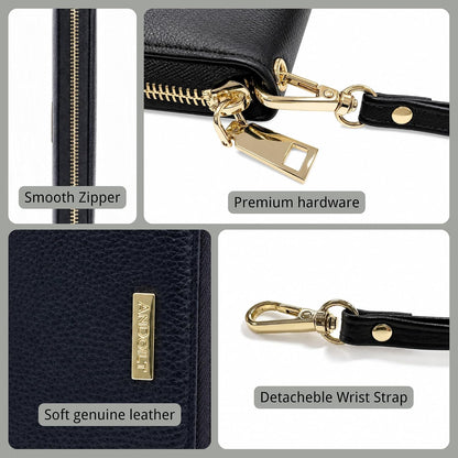 HOTANDOILT Womens RFID Blocking Genuine Leather Zip Around Wallets Large Cell Phone Holder Clutch Travel Purse Wristlet (Black)