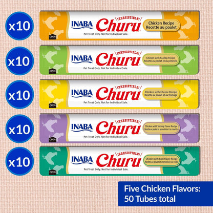 HOTINABA Churu Cat Treats, Lickable, Squeezable Creamy Purée Cat Treat with Green Tea Extract & Taurine, 0.5 Ounces Each Tube, 50 Tubes, Chicken Variety