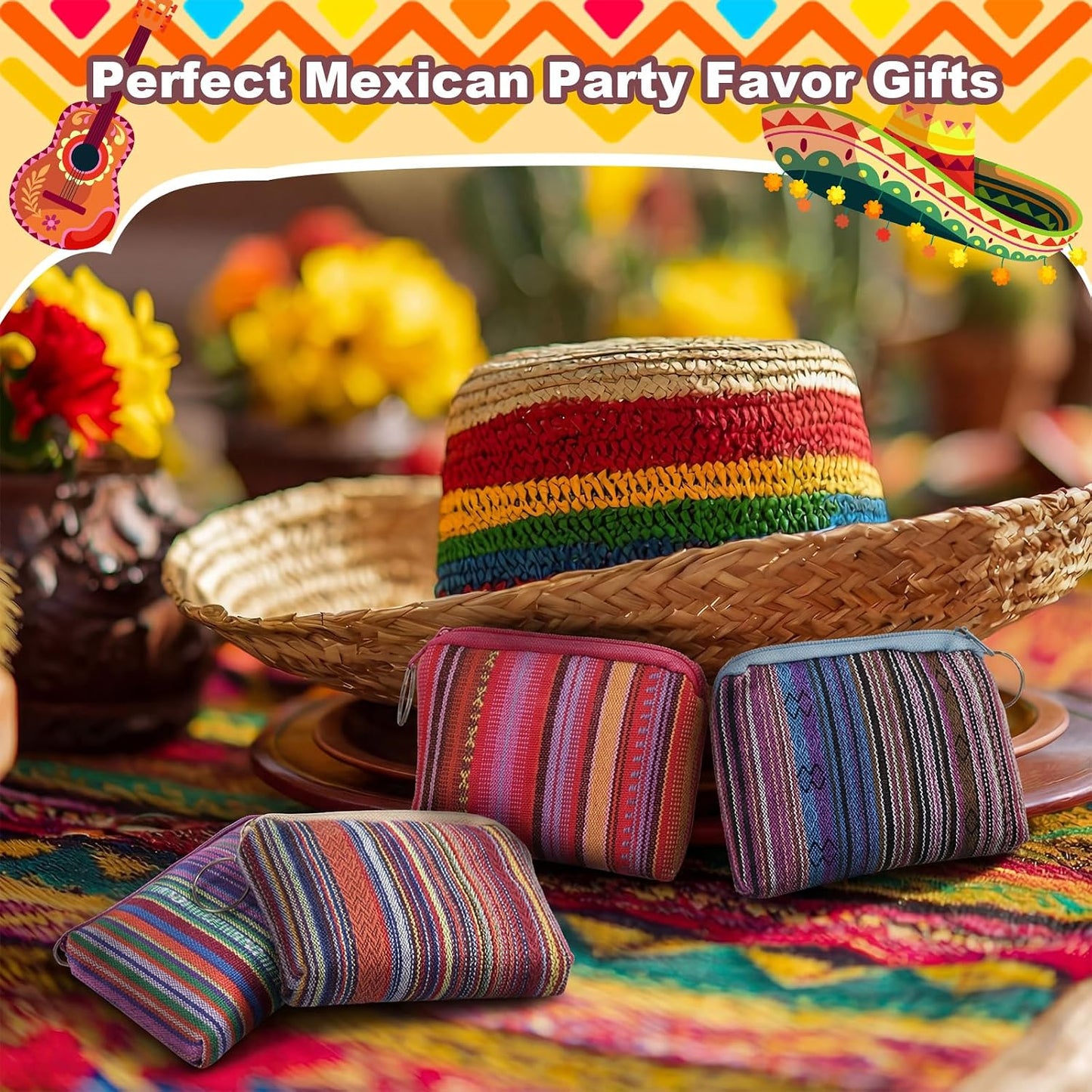 HOT24 Pack Mexican Candy Bags Fiesta Cinco De Mayo Mini Coin Purse 3.5 x 4.5 in Mexican Jewelry Zipper Pouches Reusable Cotton Wallet for Wedding Holiday Fiesta Party Favor Gift