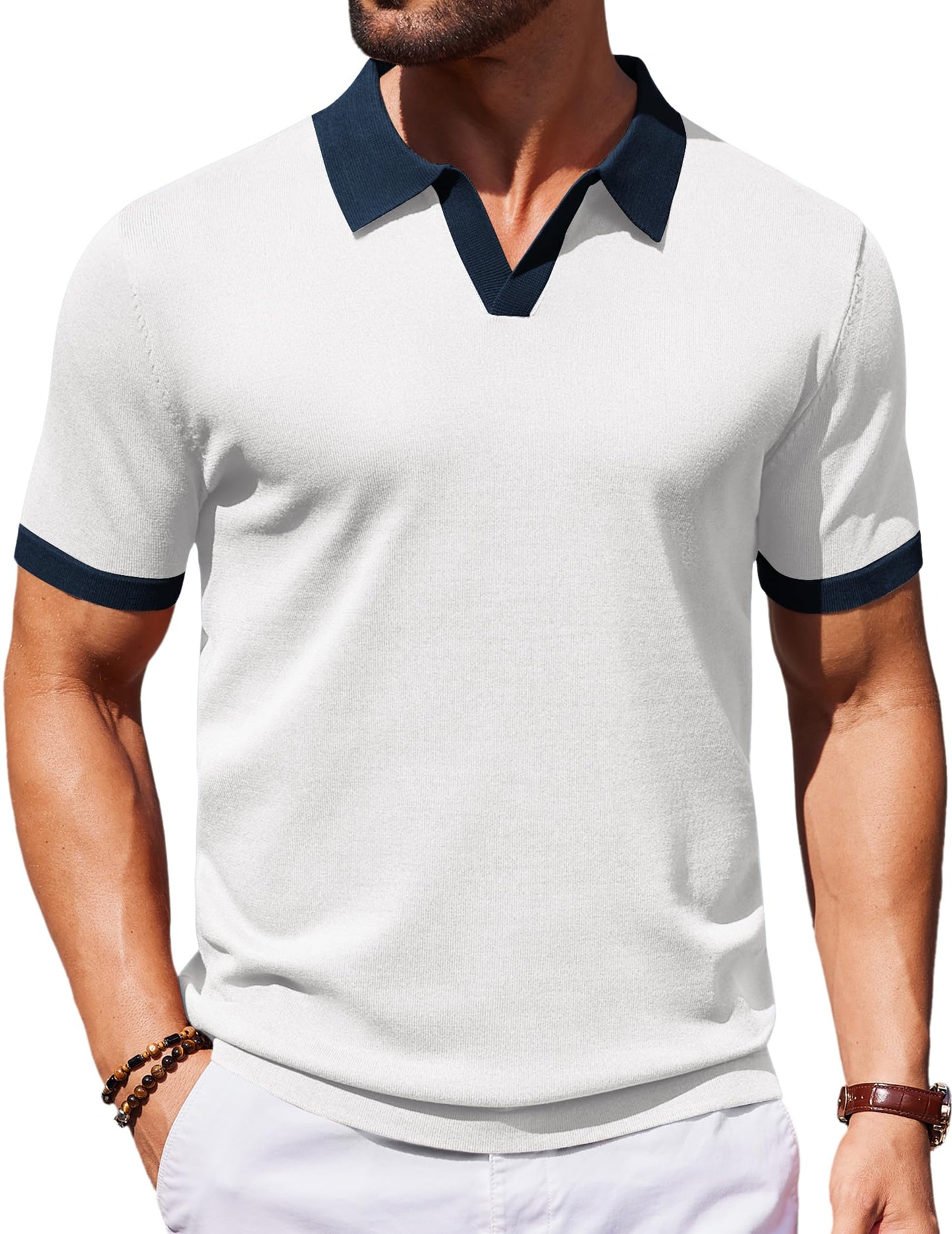 HOTCOOFANDY Men's V Neck Short Sleeve Stretch Knit Polo Shirt