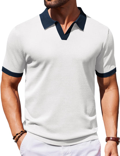 HOTCOOFANDY Men's V Neck Short Sleeve Stretch Knit Polo Shirt