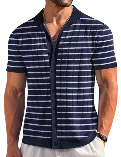 HOTCOOFANDY Men's Short Sleeve Knit Shirt Casual Button Down Shirt Vintage Striped Knitted Golf Beach Tops