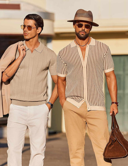 HOTCOOFANDY Mens Knit Button Down Shirts Short Sleeve Polo Shirt Vintage Striped Casual Shirts