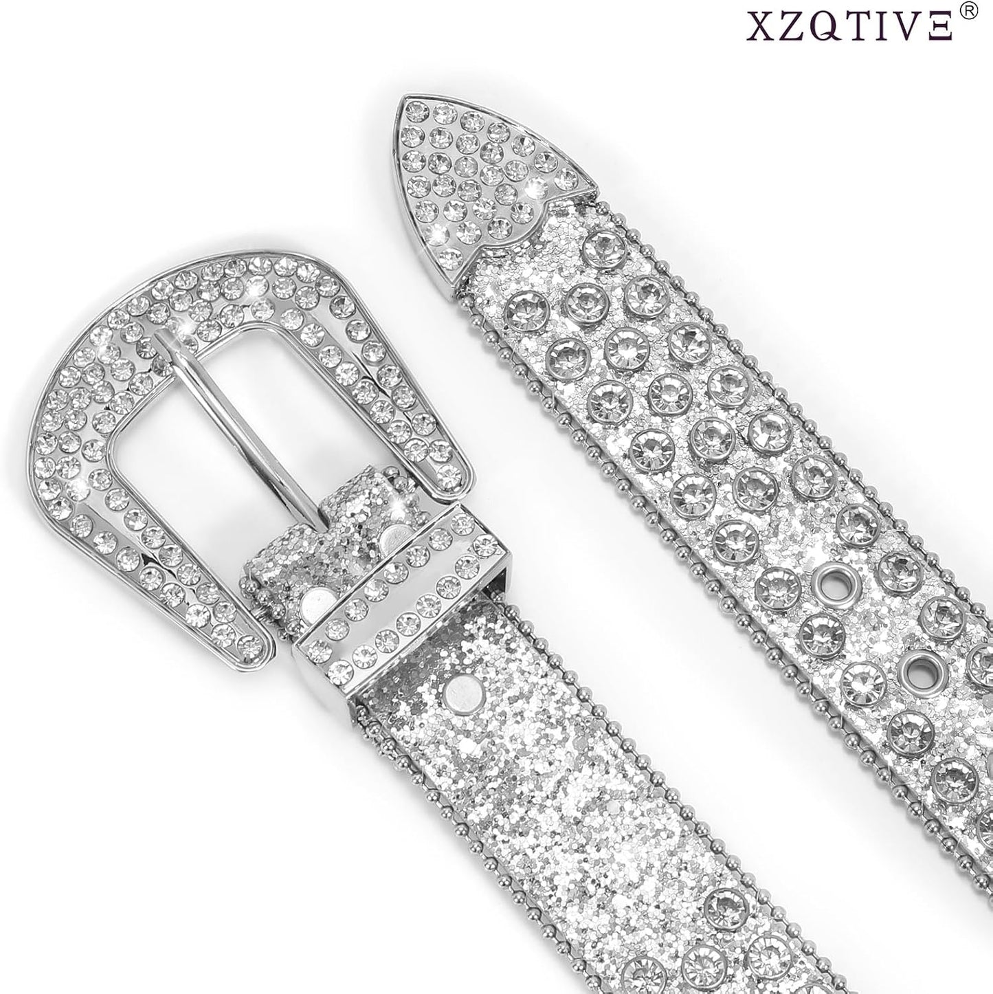 HOTXZQTIVE Cowgirl Bling Studded Leather Belts for Jeans Pants with Rhinestone and Western Silver Buckle, Unisex