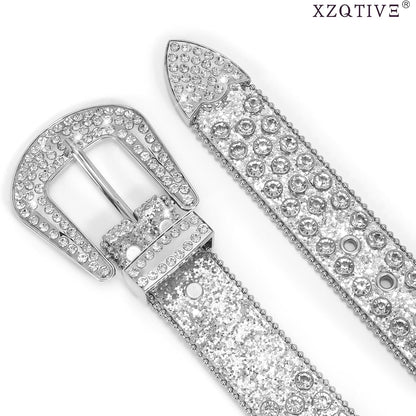 HOTXZQTIVE Cowgirl Bling Studded Leather Belts for Jeans Pants with Rhinestone and Western Silver Buckle, Unisex