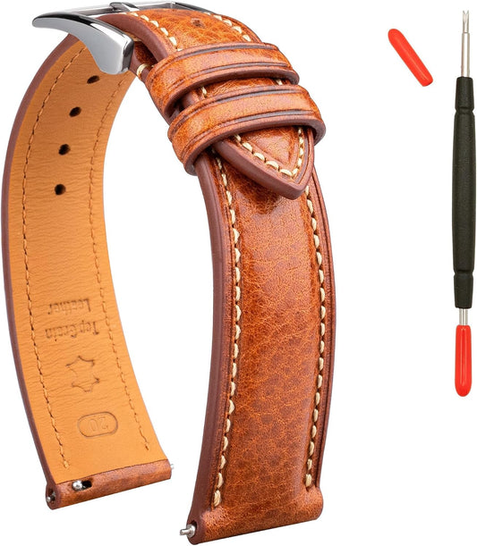 HOTItalian Leather Watch Band Tuscany Natural Vegetable-Tanned Top Grain Genuine Leather Strap,18mm 19mm 20mm 21mm 22mm XL XXL Quick Release Replacement Watch Bands for Men and Women Thick and Soft