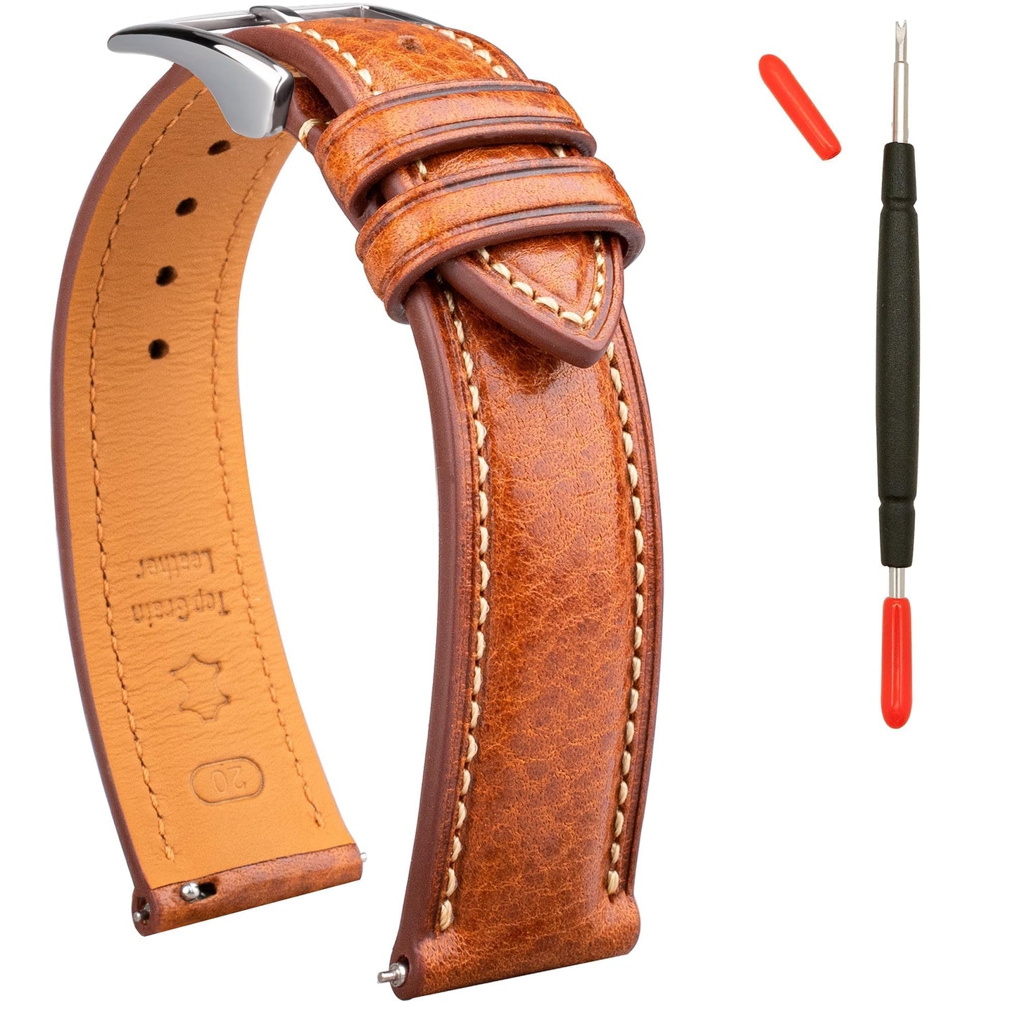 HOTItalian Leather Watch Band Tuscany Natural Vegetable-Tanned Top Grain Genuine Leather Strap,18mm 19mm 20mm 21mm 22mm XL XXL Quick Release Replacement Watch Bands for Men and Women Thick and Soft