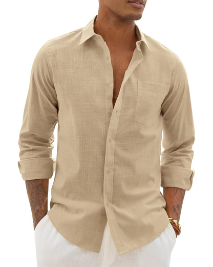 HOTAlimens & Gentle Mens Cotton Linen Textured Shirt Long Sleeve Button Down Shirts Casual Summer Beach Wedding Tops with Pocket