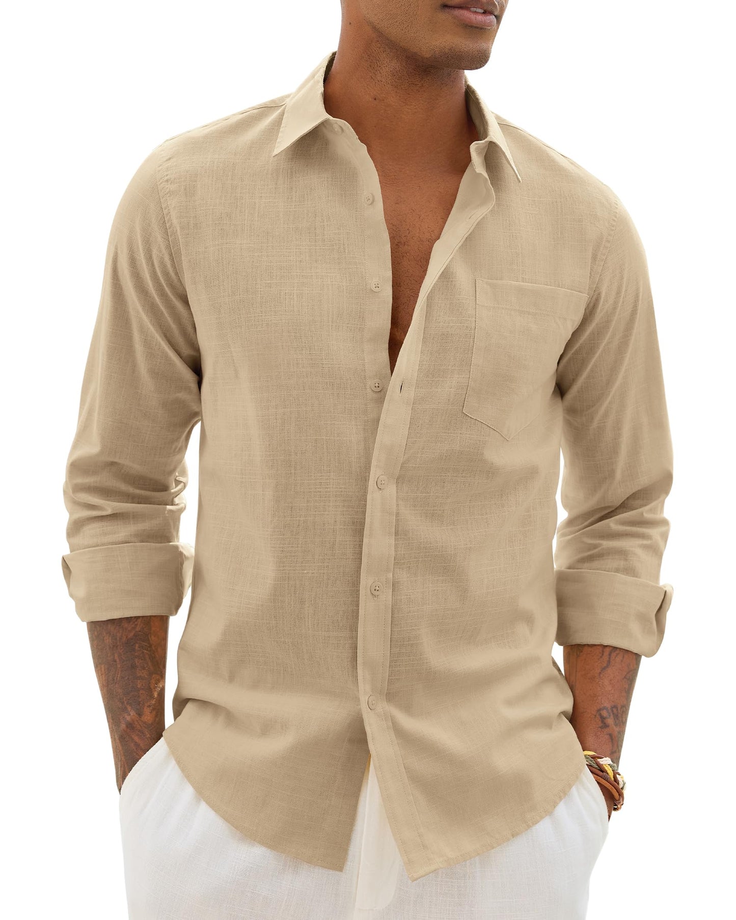 HOTAlimens & Gentle Mens Cotton Linen Textured Shirt Long Sleeve Button Down Shirts Casual Summer Beach Wedding Tops with Pocket