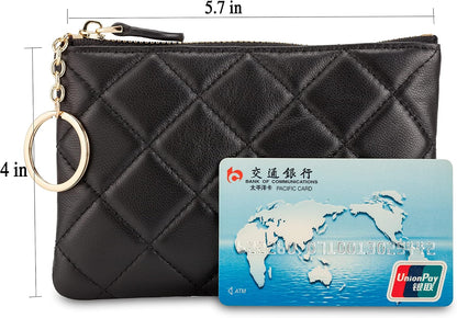 HOTDORIS&JACKY Quilted Leather Coin Purse for Women Mini RFID Zipper Wallet | Soft Lambskin Credit Card Holder with Key Chain, Small Designer Coin Pouch, RFID Blocking Functional Card Case