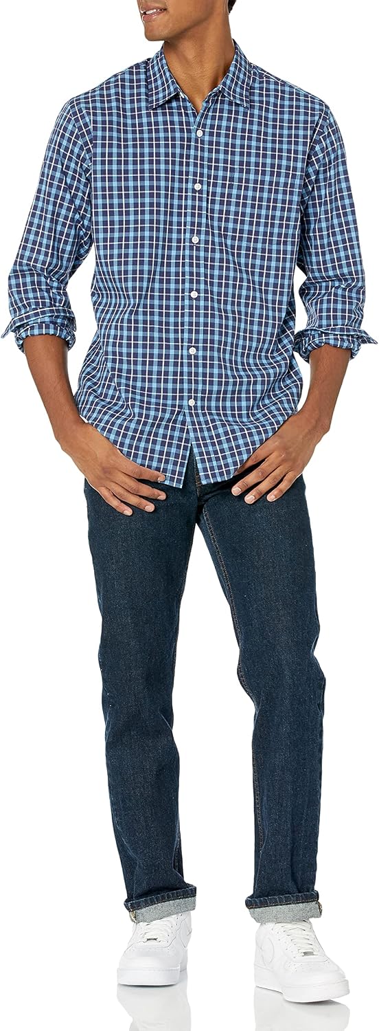 HOTAmazon Essentials Men's Regular-Fit Long-Sleeve Casual Poplin Shirt, Button Front, Business Casual, Collared