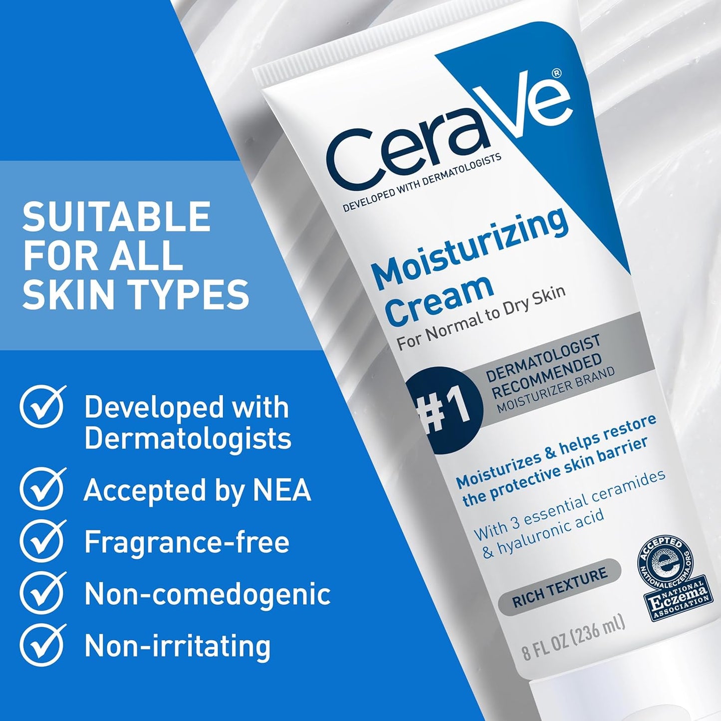 HOTCeraVe Moisturizing Cream, Body and Face Moisturizer for Dry Skin, Body Cream with Hyaluronic Acid and Ceramides, Daily Moisturizer, Oil-Free, Fragrance Free, Non-Comedogenic, 19 Ounce