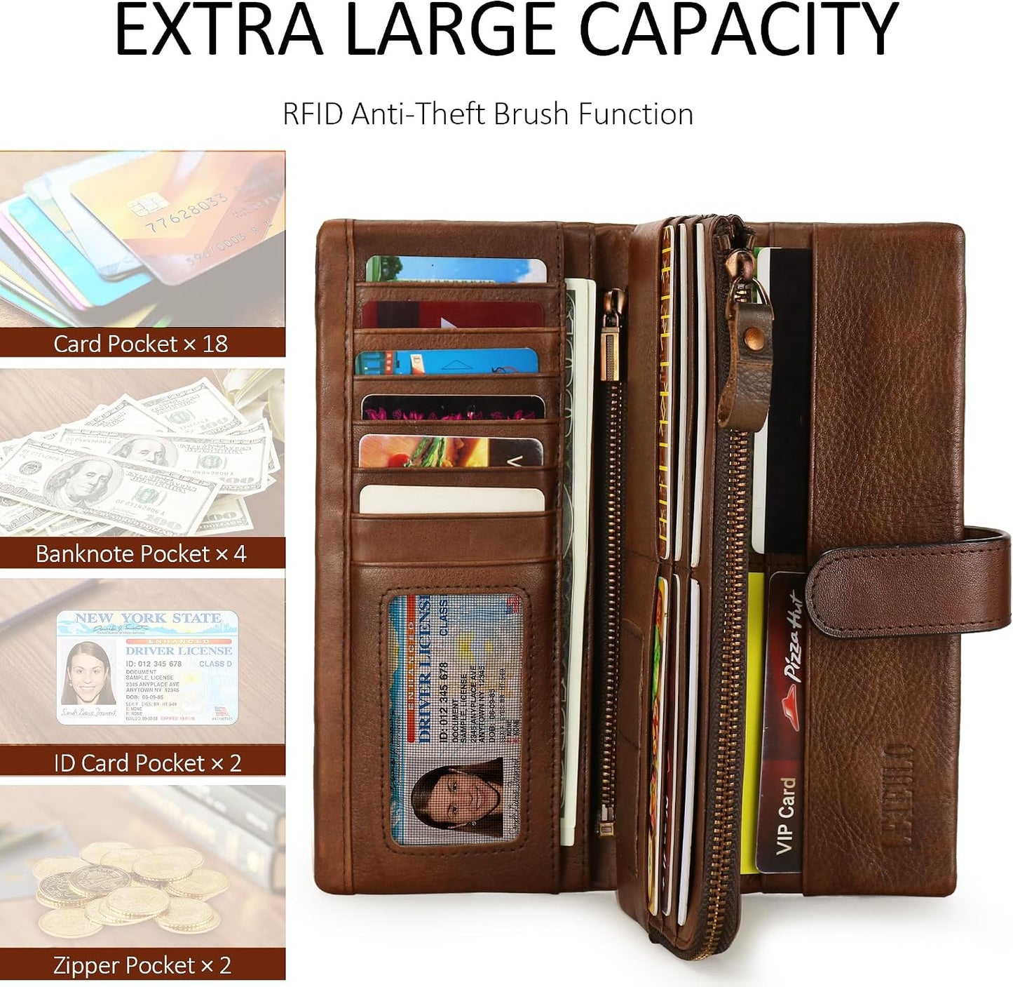 HOTWomen's RFID Blocking Genuine Leather Wallet Vintage Hand Rubbing Wallets Organizer | RFID Blocking