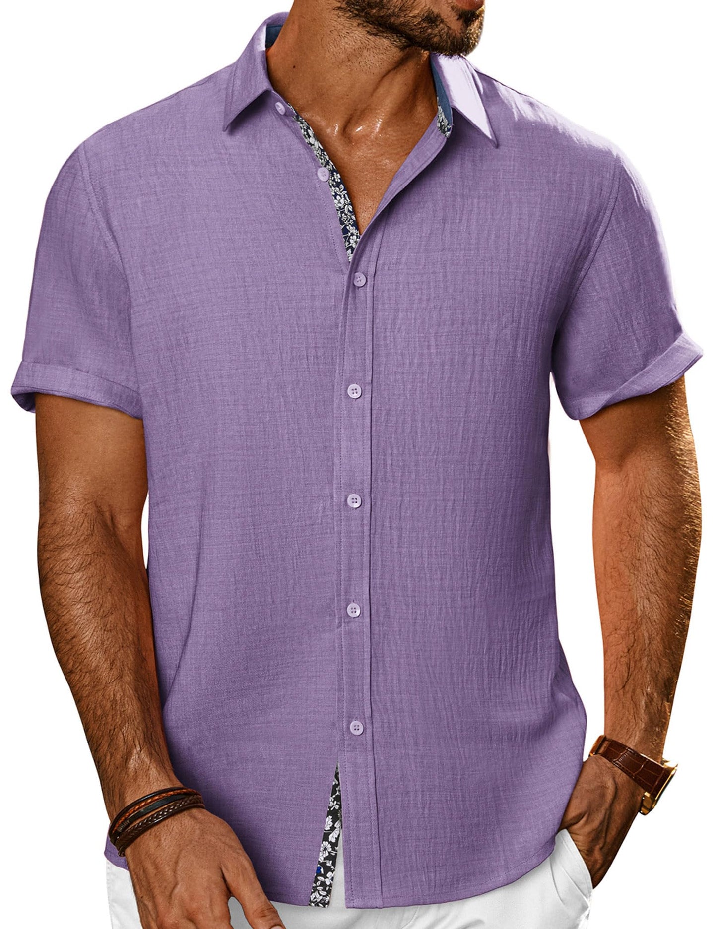HOTPJ PAUL JONES Mens Short Sleeve Button Down Shirts Casual Summer Clothing | Linen Textured, Summer Beach Vacation Tops, Untucked Dress Shirt, Lightweight, Regular Fit, Fashion Resort Wear