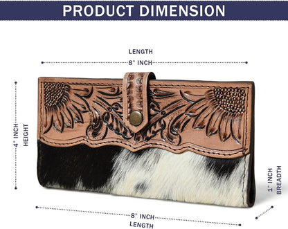 HOTMerbaa Cowhide Leather Wallet for Women | Handmade Floral Tooled Long Clutch with Snap Closure | Western Style Purse | Rustic Cowgirl Bag
