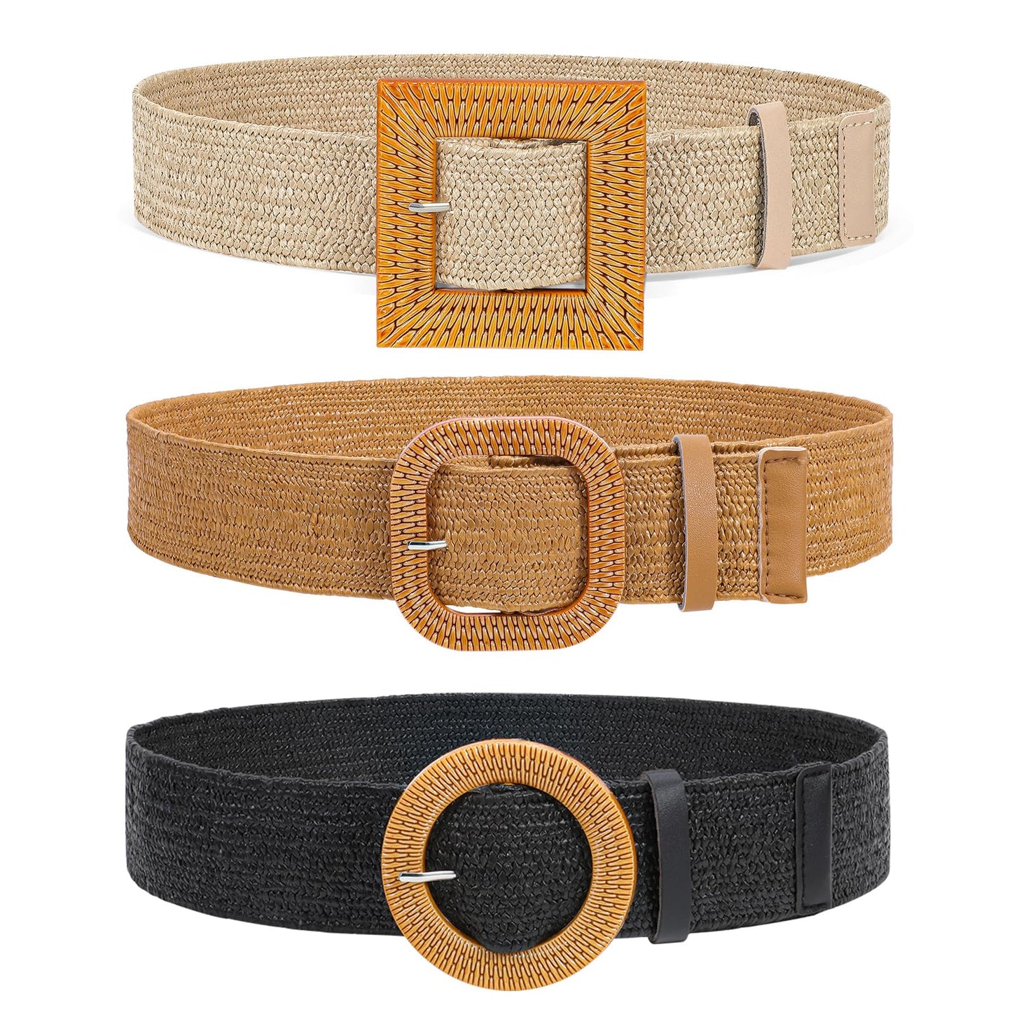 HOTVONMELLI 4 Pack Straw Woven Elastic Stretch Waist Belt for Women Fashion Dress, Boho Braided Women's Belts