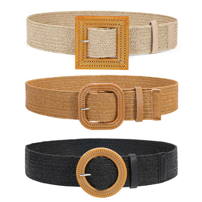 HOTVONMELLI 4 Pack Straw Woven Elastic Stretch Waist Belt for Women Fashion Dress, Boho Braided Women's Belts