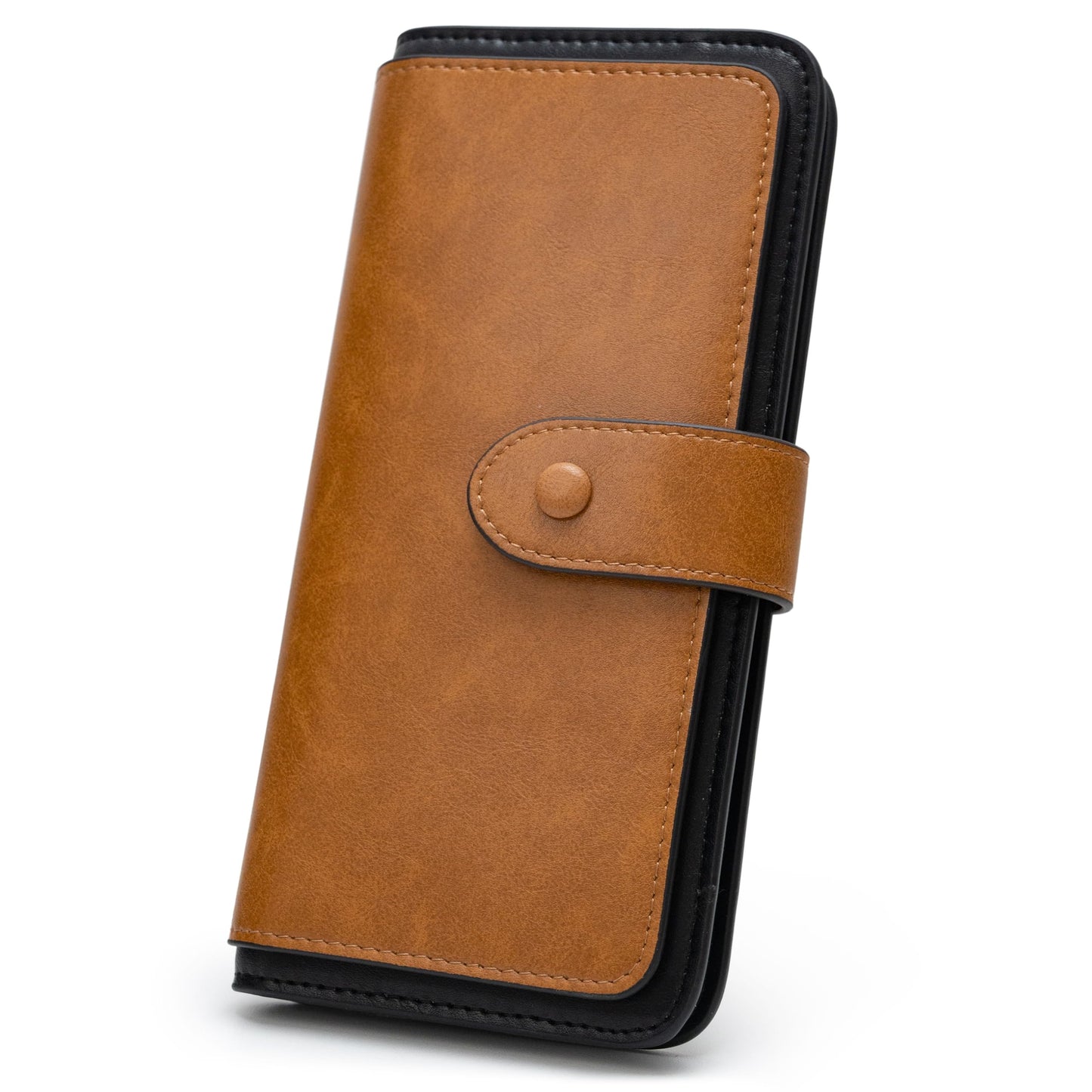 HOTRFID Blocking Leather Wallet for Women, Slim Trifold with 14 Card Slots and Zipper Pocket (Brown)