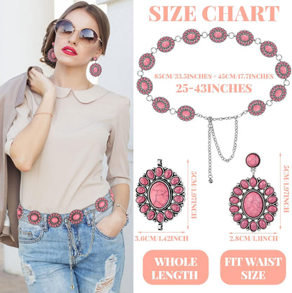 HOTKenning Turquoise Concho Chain Belt Metal Western Waist Belts for Women Boho 1.2 x 2 Inch Turquoise Drop Statement Post Earrings