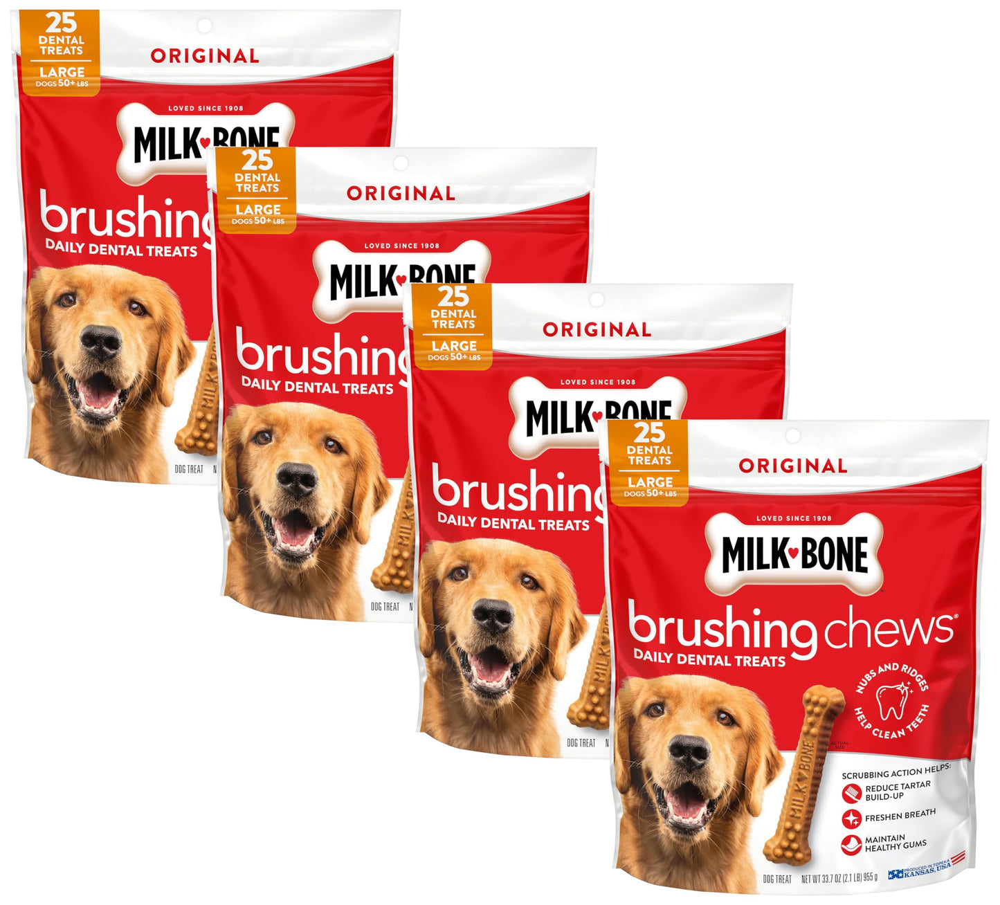 HOTMilk-Bone Brushing Chews Large Daily Dental Dog Treats, 33.7 oz Bag | 25 treats, chicken flavored, VOHC accepted dental chews, helps clean teeth and freshen breath, for large dogs 50 lbs and up