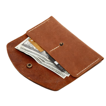 HOTHandmade Crazy Horse Genuine Leather Envelope Wallet, Card Holder with 2 Card Slots Vintage Slim Hand-Stitched Wallet