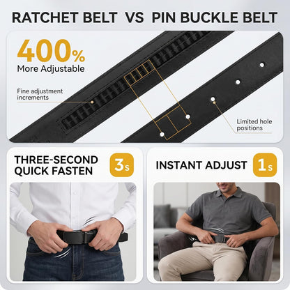 HOTMen's Leather Ratchet Belt 2 Pack,Adjustable Ratcheting Dress Belt | 1 3/8" Ratcheting Belt,Holeless Design, 1/5" Micro-Adjustments,Trim to Fit,Easy One-Hand Release with Gift Box