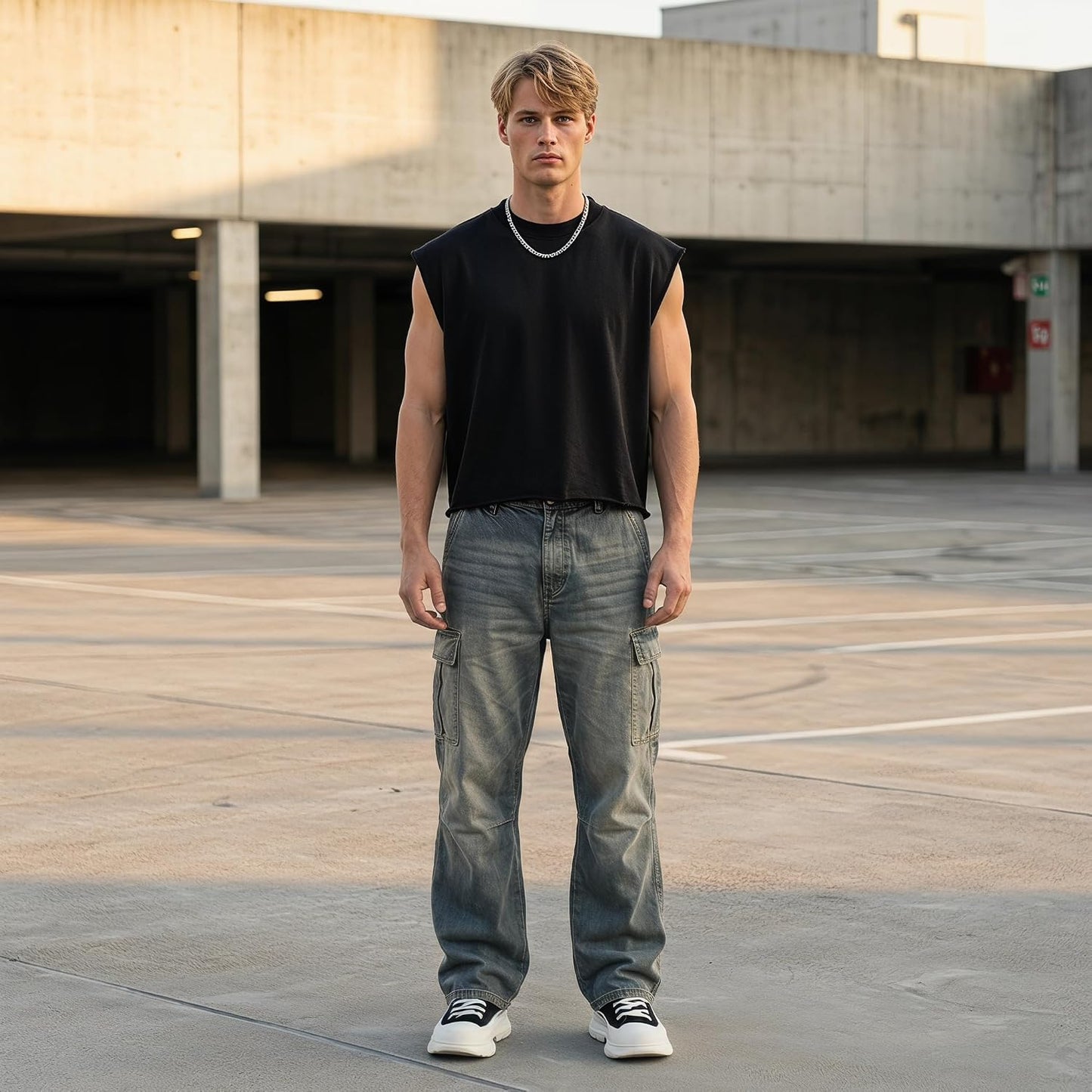 HOTMen's Cropped Tank Top Boxy Oversized for Bigger Frames, 320GSM Heavyweight French Terry Sleeveless Tee Raw Hem Streetwear