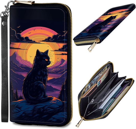 HOTWomens Wallet, PU Leather RFID Cute Wristlet Wallets for Girls Women Ladies Purse Large Credit Card Clutch Purse Card Holder Coin Pocket Travel Wallets with Zipper, Art Black Cat