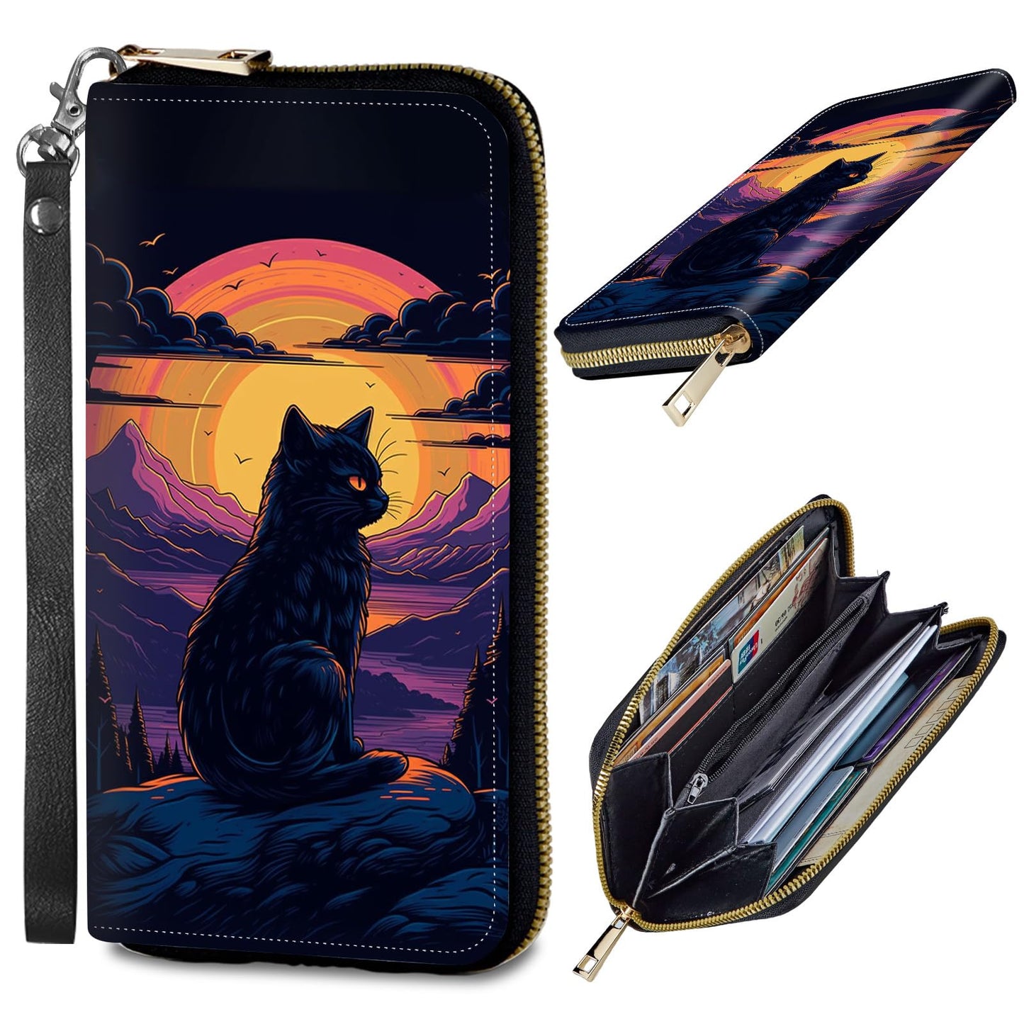 HOTWomens Wallet, PU Leather RFID Cute Wristlet Wallets for Girls Women Ladies Purse Large Credit Card Clutch Purse Card Holder Coin Pocket Travel Wallets with Zipper, Art Black Cat