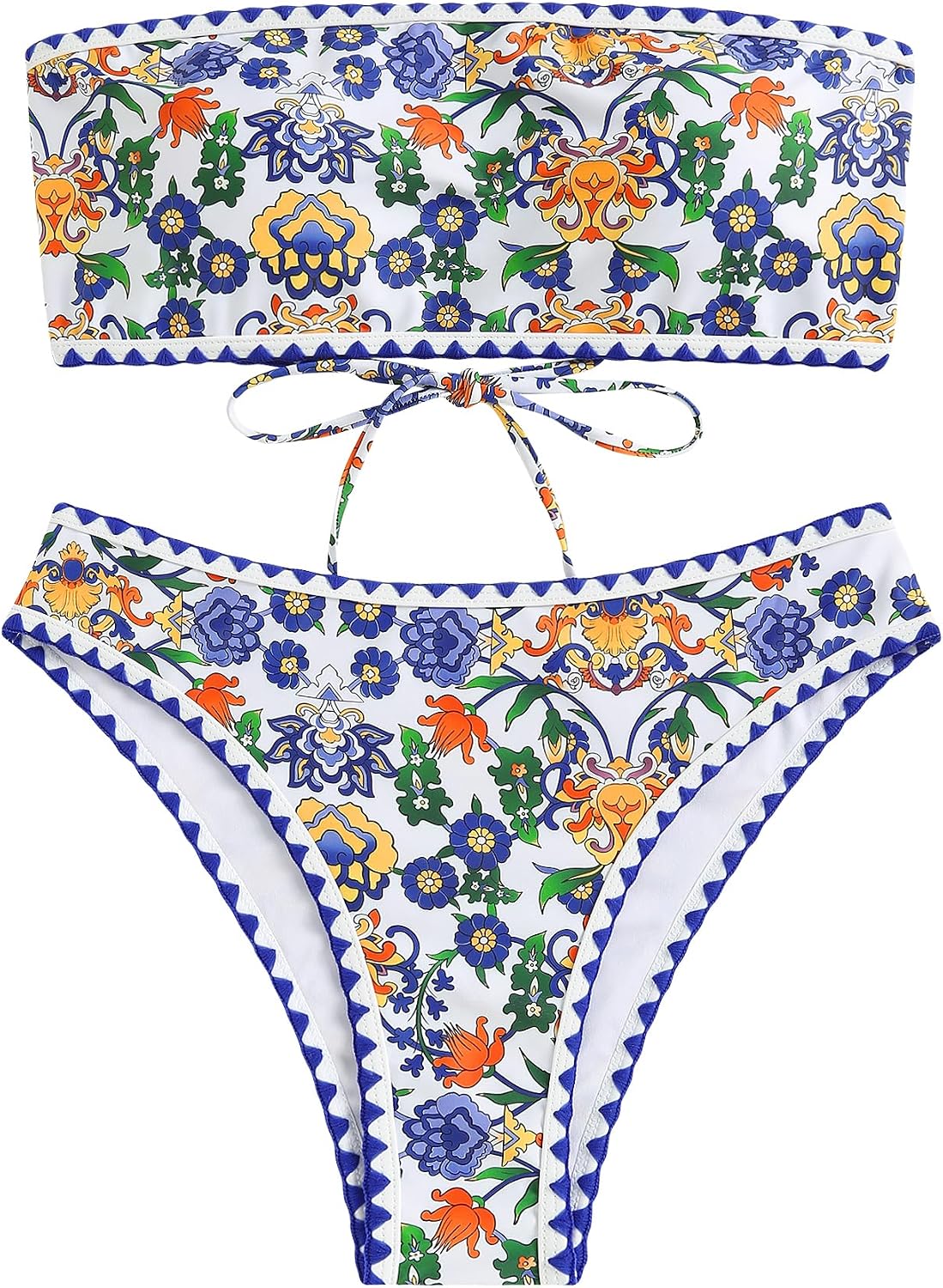 HOTZAFUL Women Strapless Bandeau Bikini 2 Piece Swimwear Lace up Bathing Suits | Strapless Textured Bikini Set Cheeky Solid Bandeau Bathing Suits