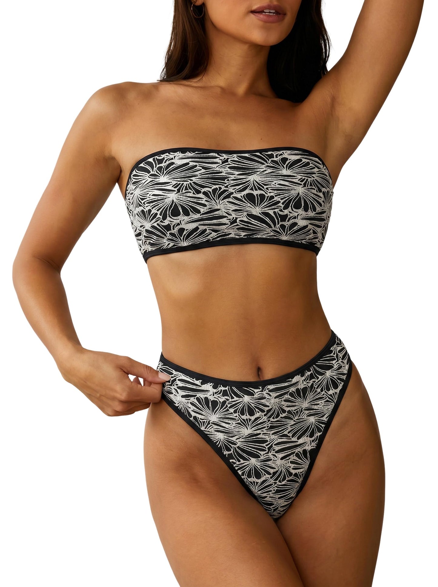 HOTZAFUL Women Strapless Bandeau Bikini 2 Piece Swimwear Lace up Bathing Suits | Strapless Textured Bikini Set Cheeky Solid Bandeau Bathing Suits