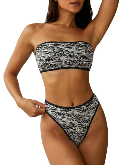 HOTZAFUL Women Strapless Bandeau Bikini 2 Piece Swimwear Lace up Bathing Suits | Strapless Textured Bikini Set Cheeky Solid Bandeau Bathing Suits