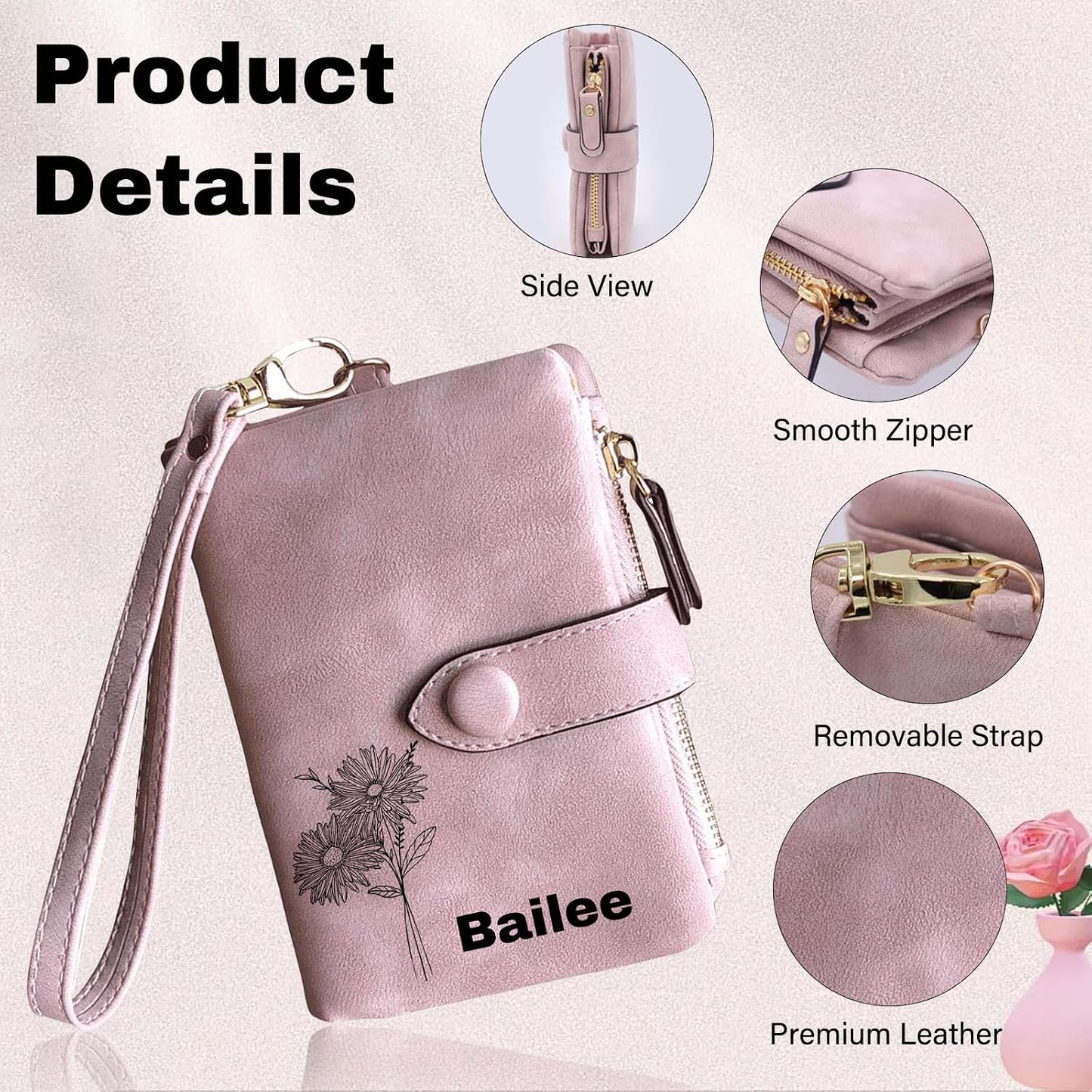 HOTPersonalized Wallets for Women - Custom Birth Flower and Name, Leather Ladies Wallet, Card Holder Coin Purse, Personalized Birthday Christmas Gifts for Mom Grandma (birthday flower)