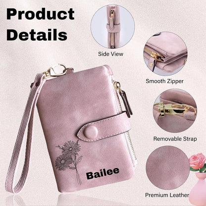 HOTPersonalized Wallets for Women - Custom Birth Flower and Name, Leather Ladies Wallet, Card Holder Coin Purse, Personalized Birthday Christmas Gifts for Mom Grandma (birthday flower)