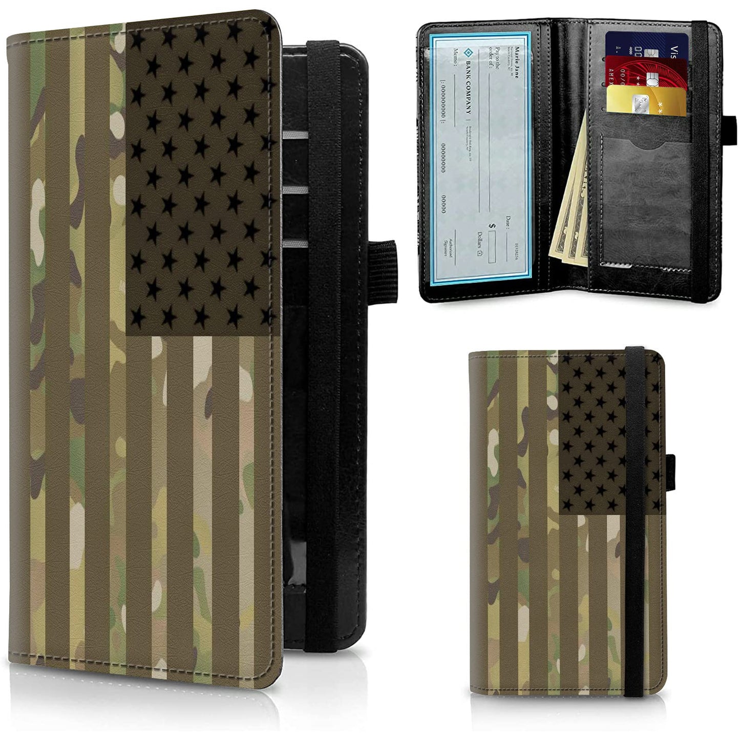 HOTFUYOCWE Leather Checkbook Cover for Men Women Check book Holder Cover for Personal Checkbook Checks with RFID Blocking & Elastic Strap-Bald Eagle with Flag