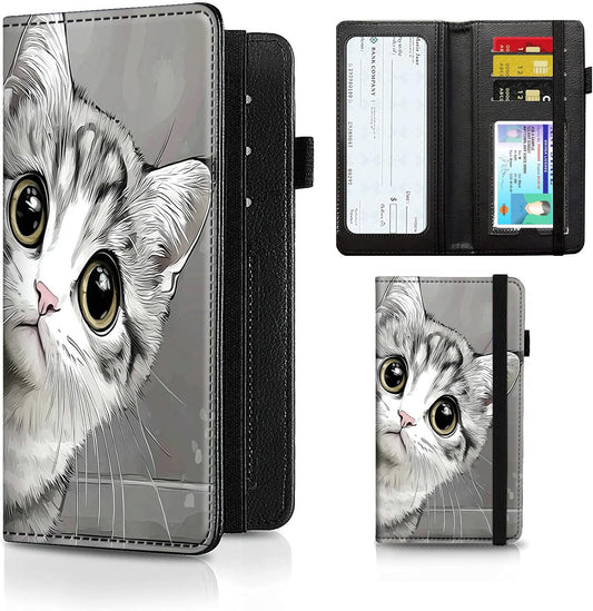 HOTCheckbook Cover for Men Women PU Leather Slim Check Book Holder Covers Wallet Case with Card Slots Duplicate Checks Card Pen Holder with RFID Blocking & Elastic Strap,Cute A Cat