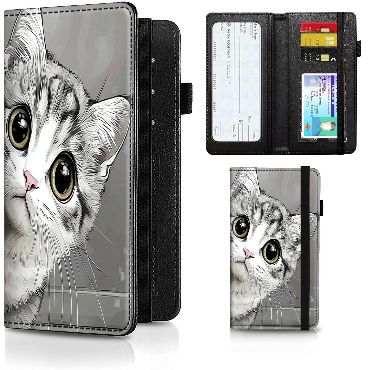 HOTCheckbook Cover for Men Women PU Leather Slim Check Book Holder Covers Wallet Case with Card Slots Duplicate Checks Card Pen Holder with RFID Blocking & Elastic Strap,Cute A Cat