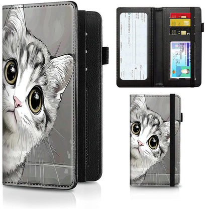 HOTCheckbook Cover for Men Women PU Leather Slim Check Book Holder Covers Wallet Case with Card Slots Duplicate Checks Card Pen Holder with RFID Blocking & Elastic Strap,Cute A Cat