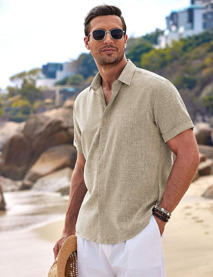 HOTCOOFANDY Men's Linen Shirts Short Sleeve Casual Shirts Button Down Shirt for Men Beach Summer Wedding Shirt
