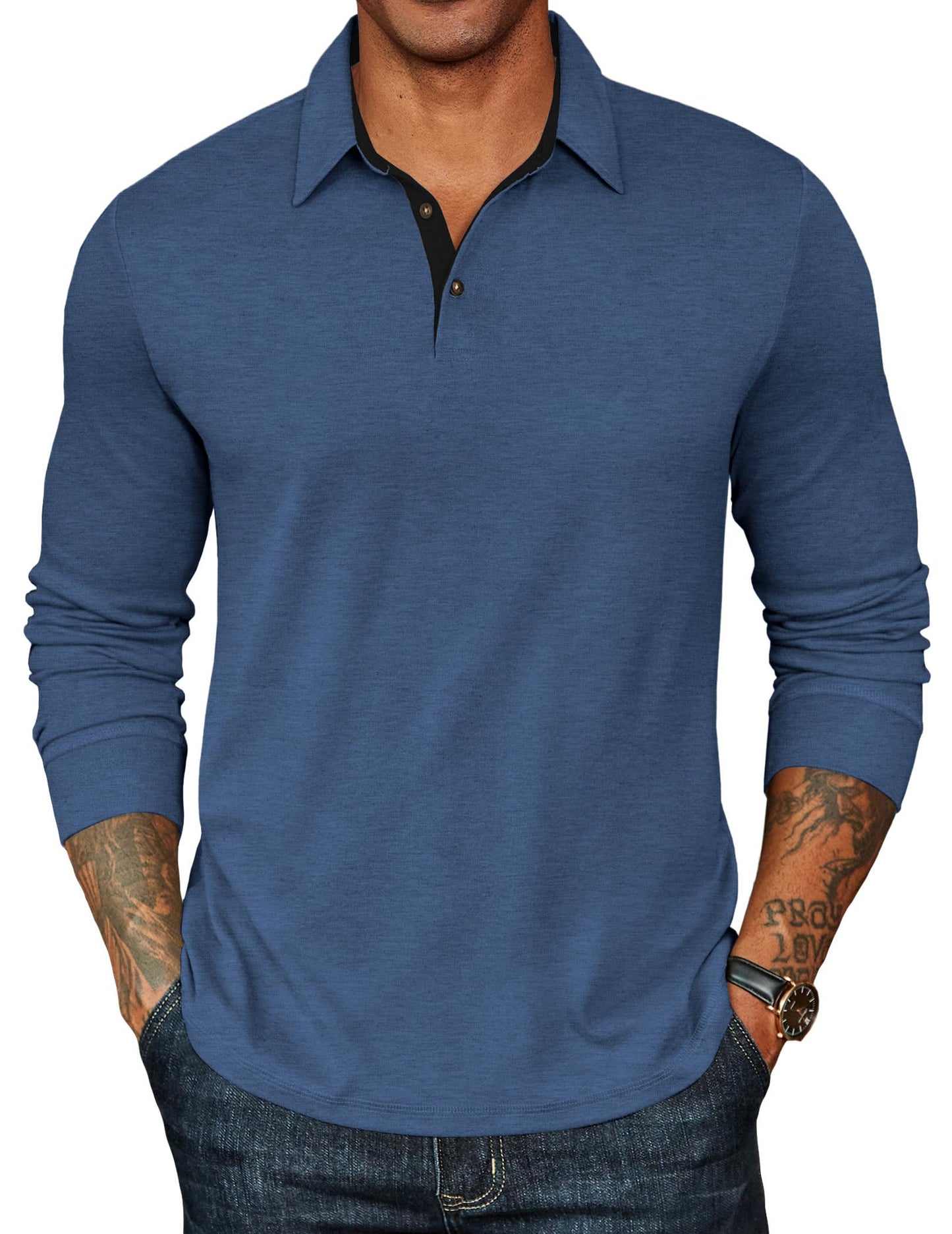 HOTCOOFANDY Mens Long Sleeve Polo Shirts Classic CasualButton Collared PoloTee