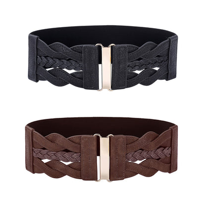HOTGRACE KARIN Wide Belts for Women Elastic Waist Belt | 3 inch wide stretchy waistband, Woven design, Golden buckle, For dresses skirt, Vintage casual boho western style