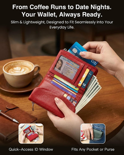 HOTNsciyise Premium Leather Wallet for Women, Red | Multi-Slot Card Holder, RFID Blocking Protection, ID Window, Zipper Coin Purse, Trifold Genuine Cowhide
