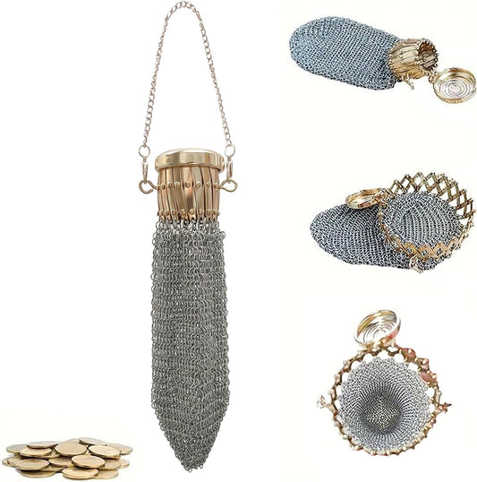 HOTHandmade 1920's English Vintage Coin Purse, Chain Metal Mesh Wallet for Coins, Dice, Jewelry, Cosmetics, Mini Vintage Double Mesh Coin Holder Pouch, Vintage Coin Purse Wallet Ideal for Collectible