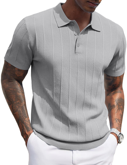 HOTCOOFANDY Mens Knit Polo Shirts Short Sleeve Ribbed Textured Polo Shirt Lightweight Casual Golf Shirts Collared T Shirt