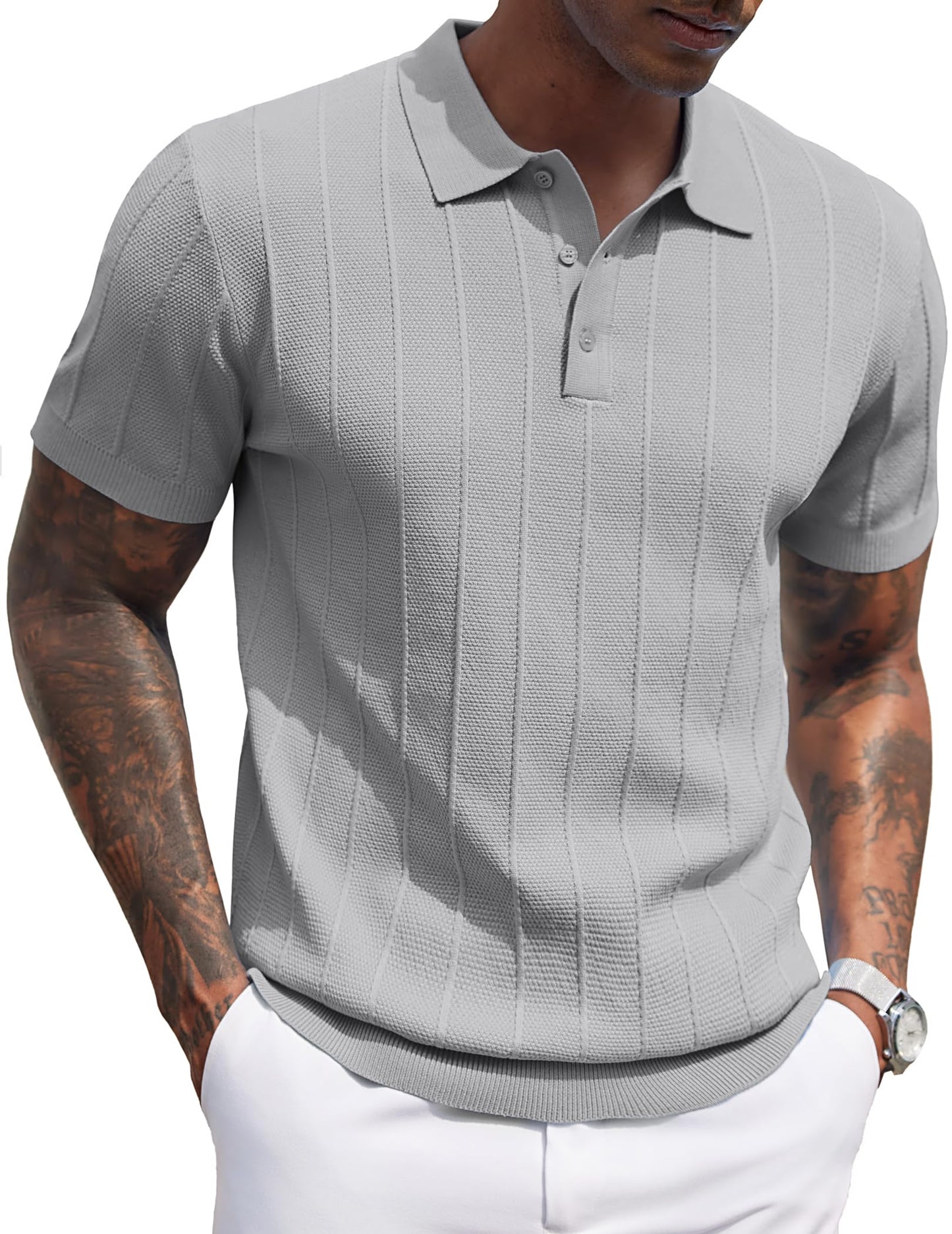HOTCOOFANDY Mens Knit Polo Shirts Short Sleeve Ribbed Textured Polo Shirt Lightweight Casual Golf Shirts Collared T Shirt
